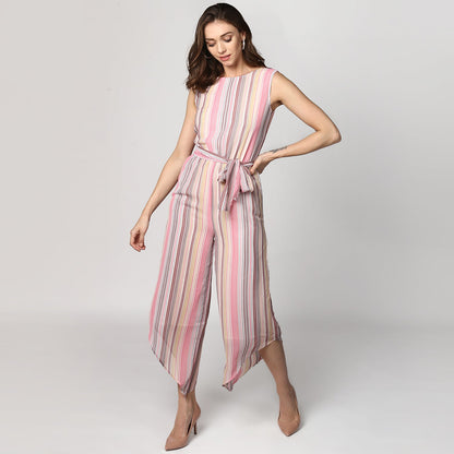 Women's Pink Stripe Asymmetric Hemline Jumpsuit