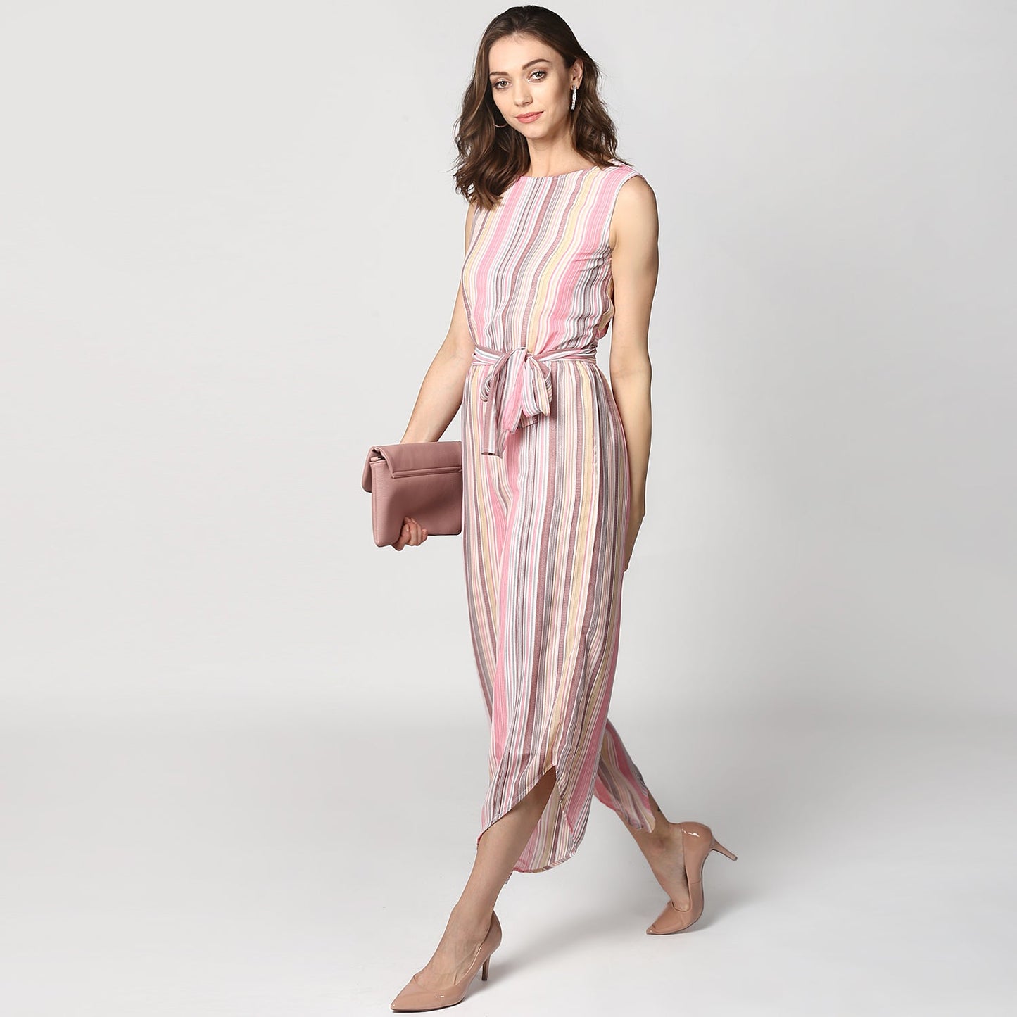 Women's Pink Stripe Asymmetric Hemline Jumpsuit