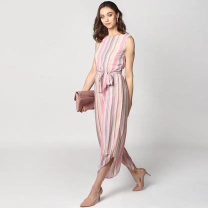 Women's Pink Stripe Asymmetric Hemline Jumpsuit