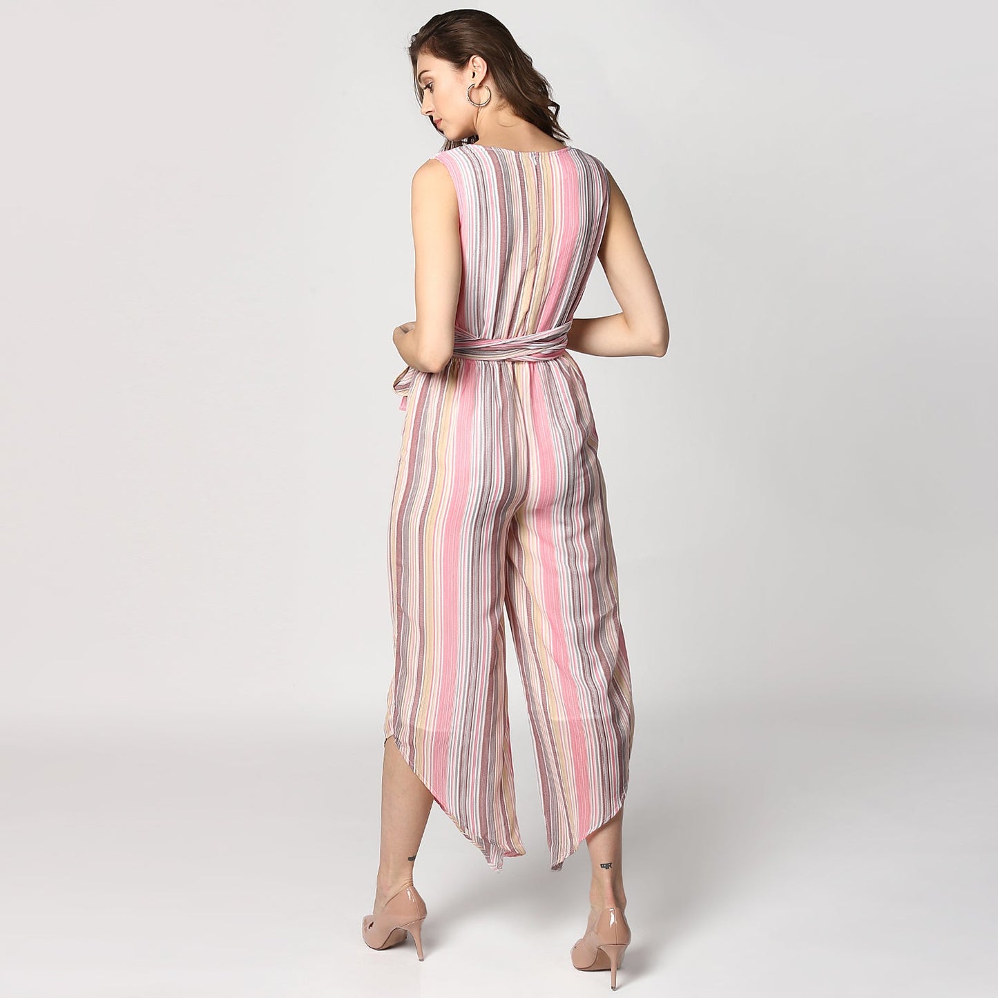 Women's Pink Stripe Asymmetric Hemline Jumpsuit