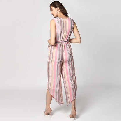 Women's Pink Stripe Asymmetric Hemline Jumpsuit