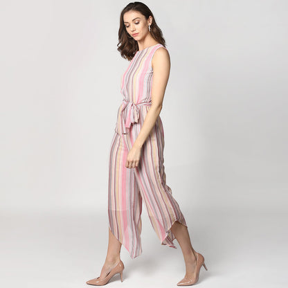 Women's Pink Stripe Asymmetric Hemline Jumpsuit