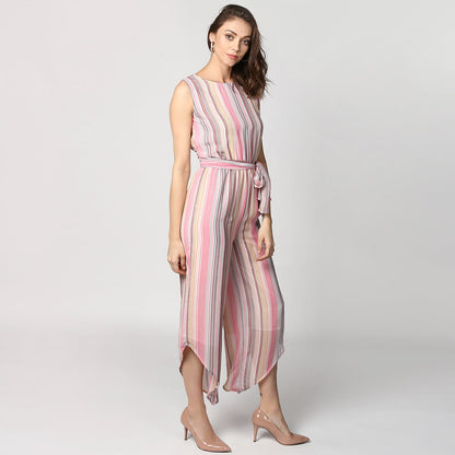 Women's Pink Stripe Asymmetric Hemline Jumpsuit