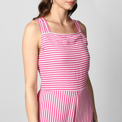 Women's Pink Stripe Jumpsuit with Cross Tie Up Back