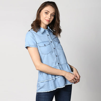 Women's Ice Blue Denim Peplum Top cum Shirt