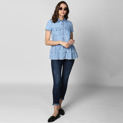 Women's Ice Blue Denim Peplum Top cum Shirt