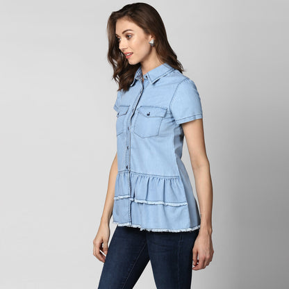 Women's Ice Blue Denim Peplum Top cum Shirt