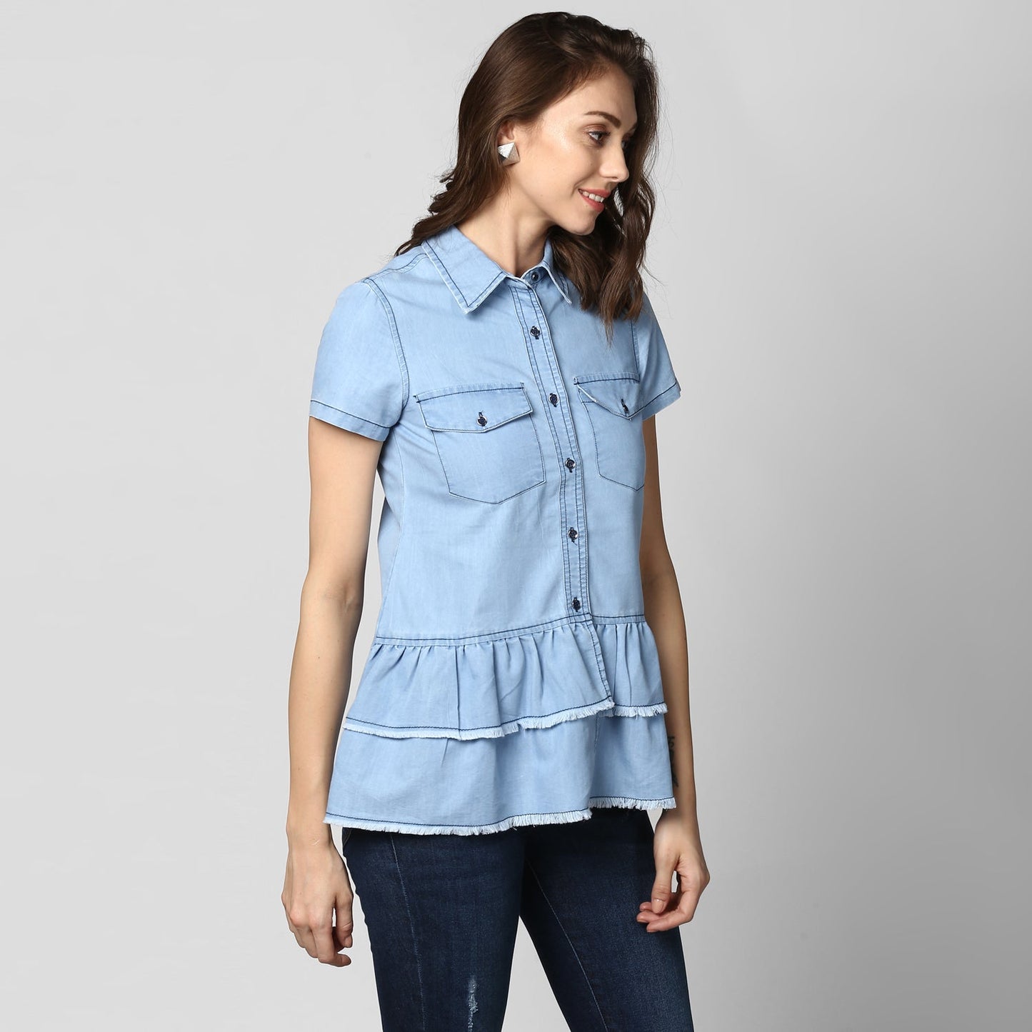 Women's Ice Blue Denim Peplum Top cum Shirt