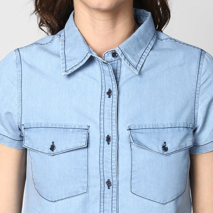 Women's Ice Blue Denim Peplum Top cum Shirt