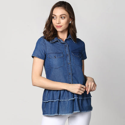 Women's Navy Blue Denim Peplum Top cum Shirt