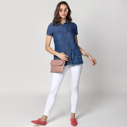 Women's Navy Blue Denim Peplum Top cum Shirt