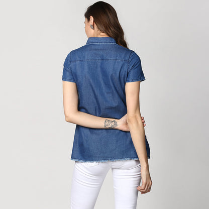Women's Navy Blue Denim Peplum Top cum Shirt
