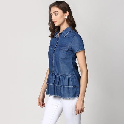 Women's Navy Blue Denim Peplum Top cum Shirt
