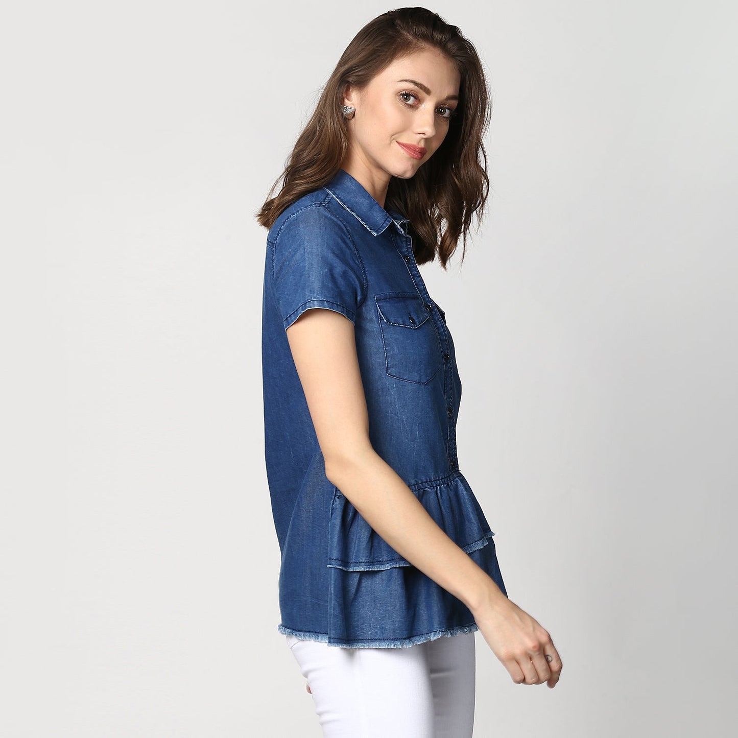 Women's Navy Blue Denim Peplum Top cum Shirt