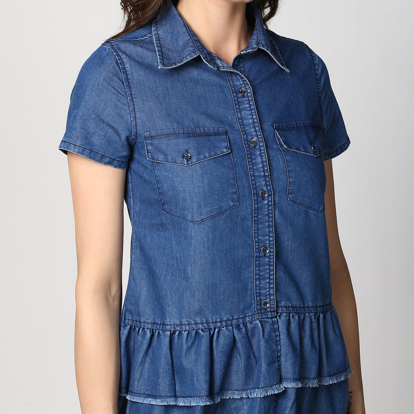 Women's Navy Blue Denim Peplum Top cum Shirt