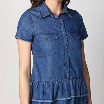 Women's Navy Blue Denim Peplum Top cum Shirt