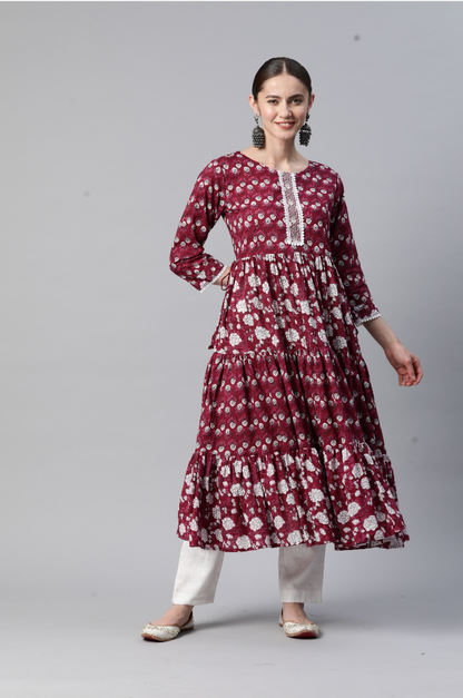 Women's Floral Printb & Lace Work Anarkali Cotton Dark Pink Stitched Kurta