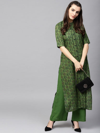 Women's  Green Printed Kurta with Palazzos