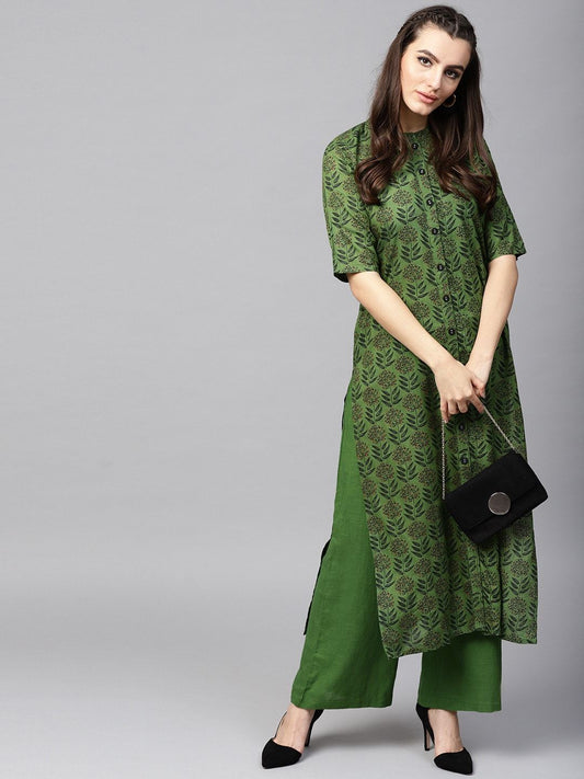 Women's  Green Printed Kurta with Palazzos