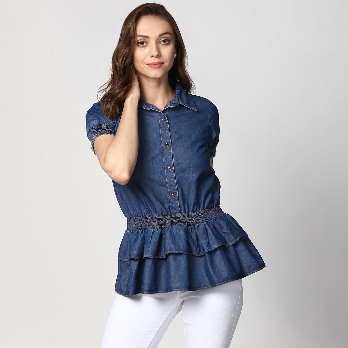 Women's Navy Blue Denim Peplum Top cum Shirt with elasticated waistband