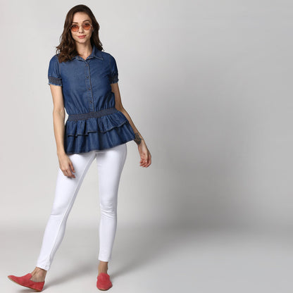 Women's Navy Blue Denim Peplum Top cum Shirt with elasticated waistband