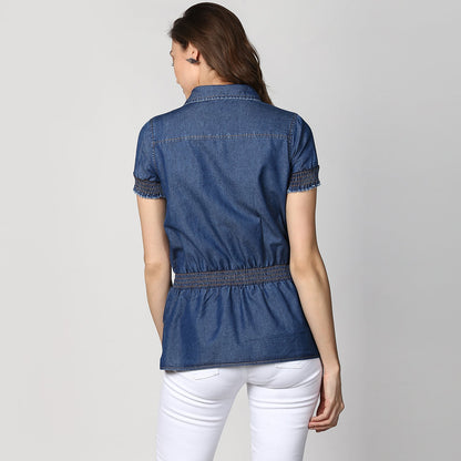 Women's Navy Blue Denim Peplum Top cum Shirt with elasticated waistband