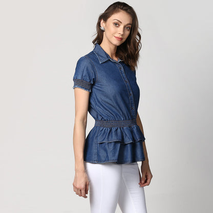 Women's Navy Blue Denim Peplum Top cum Shirt with elasticated waistband