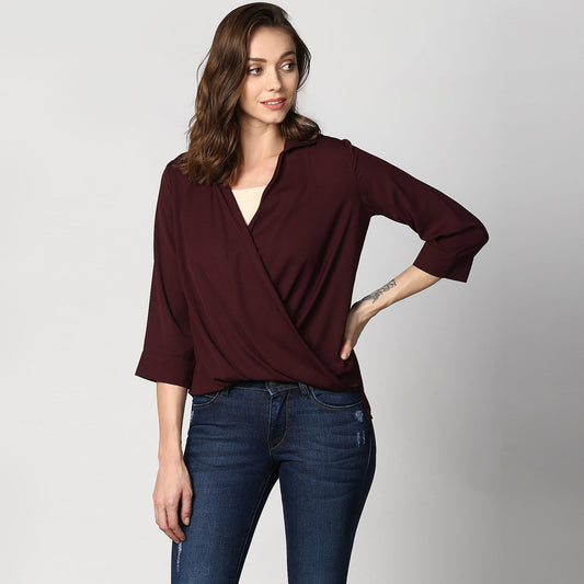 Women's Polyester Maroon Wrap Top