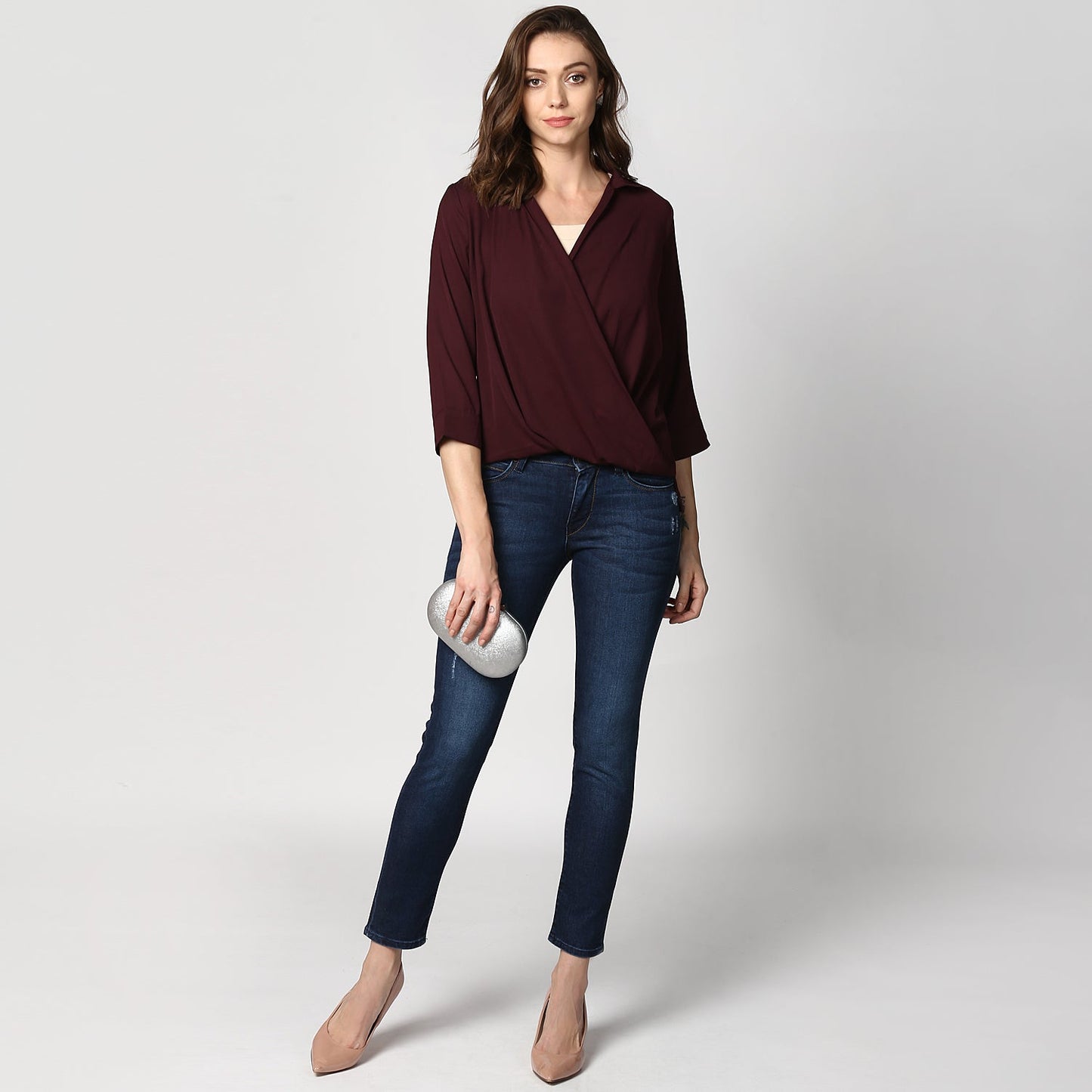 Women's Polyester Maroon Wrap Top