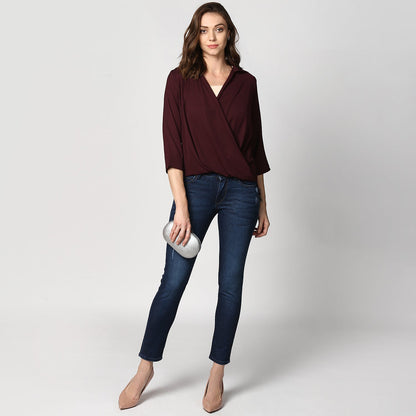 Women's Polyester Maroon Wrap Top