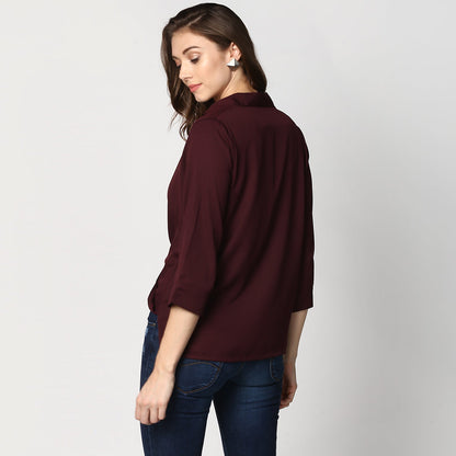 Women's Polyester Maroon Wrap Top