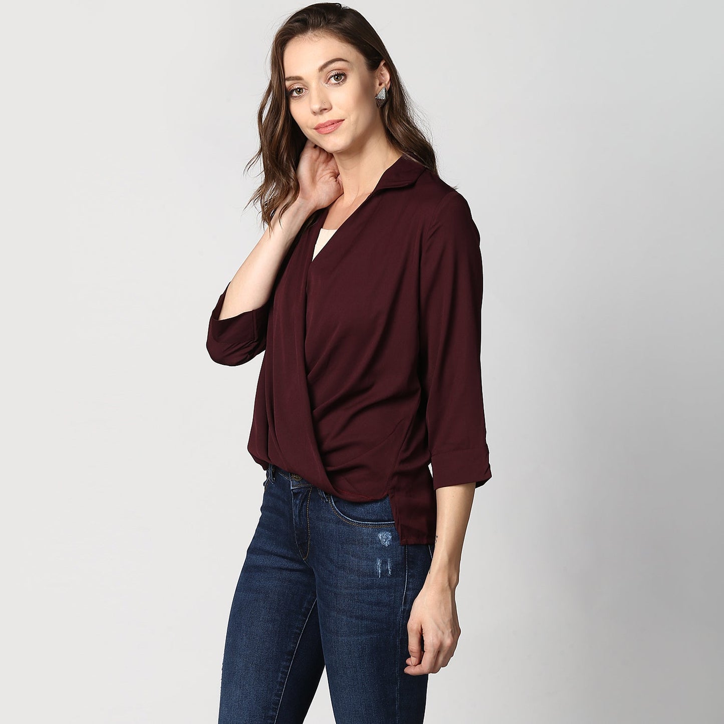 Women's Polyester Maroon Wrap Top
