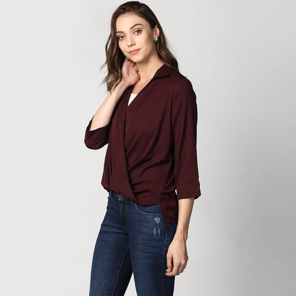 Women's Polyester Maroon Wrap Top
