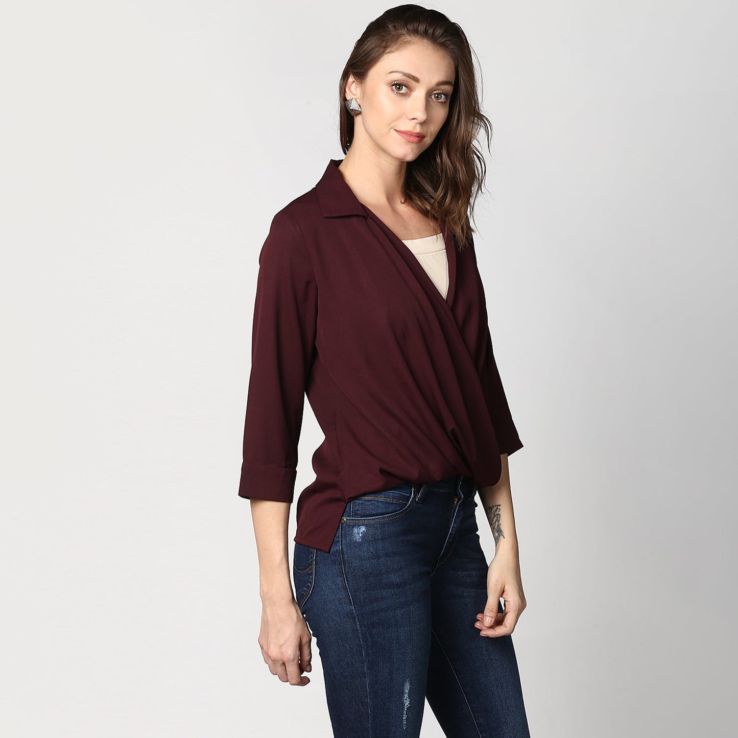 Women's Polyester Maroon Wrap Top