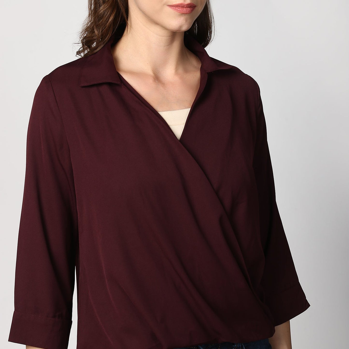 Women's Polyester Maroon Wrap Top