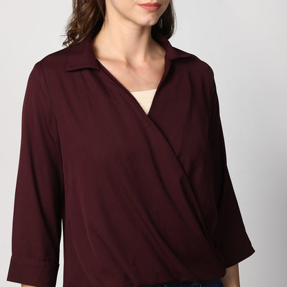 Women's Polyester Maroon Wrap Top