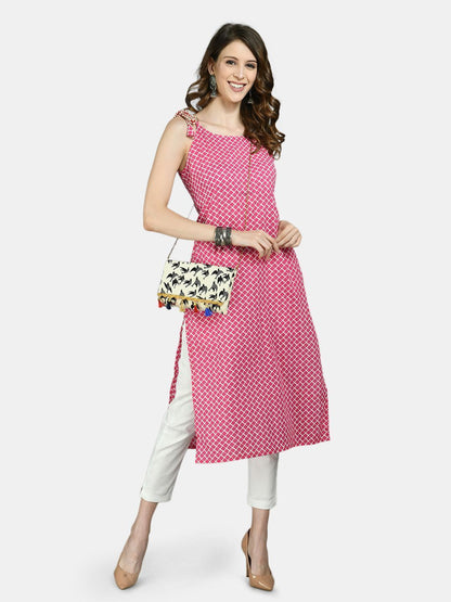 Women Pink Cotton Printed Kurta by Myshka (