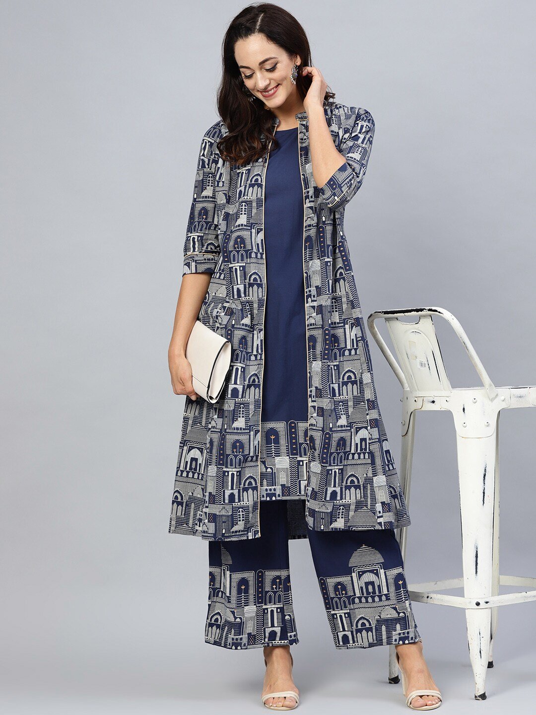 Women's  Navy Blue & Off-White Quirky Khari Print Layered A-Line Kurta