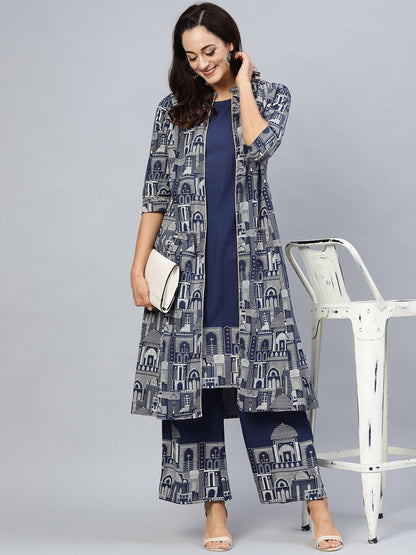 Women's  Navy Blue & Off-White Quirky Khari Print Layered A-Line Kurta