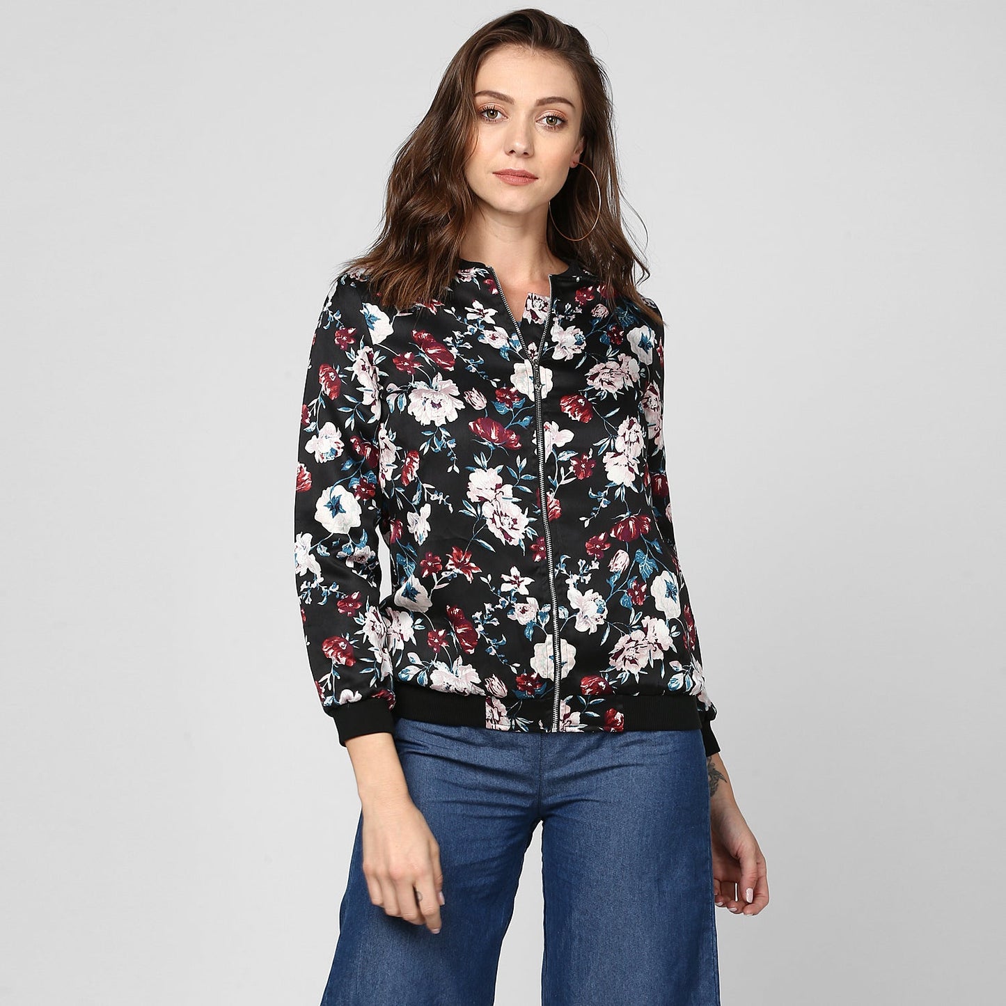 Women's Black Floral Printed Satin Jacket
