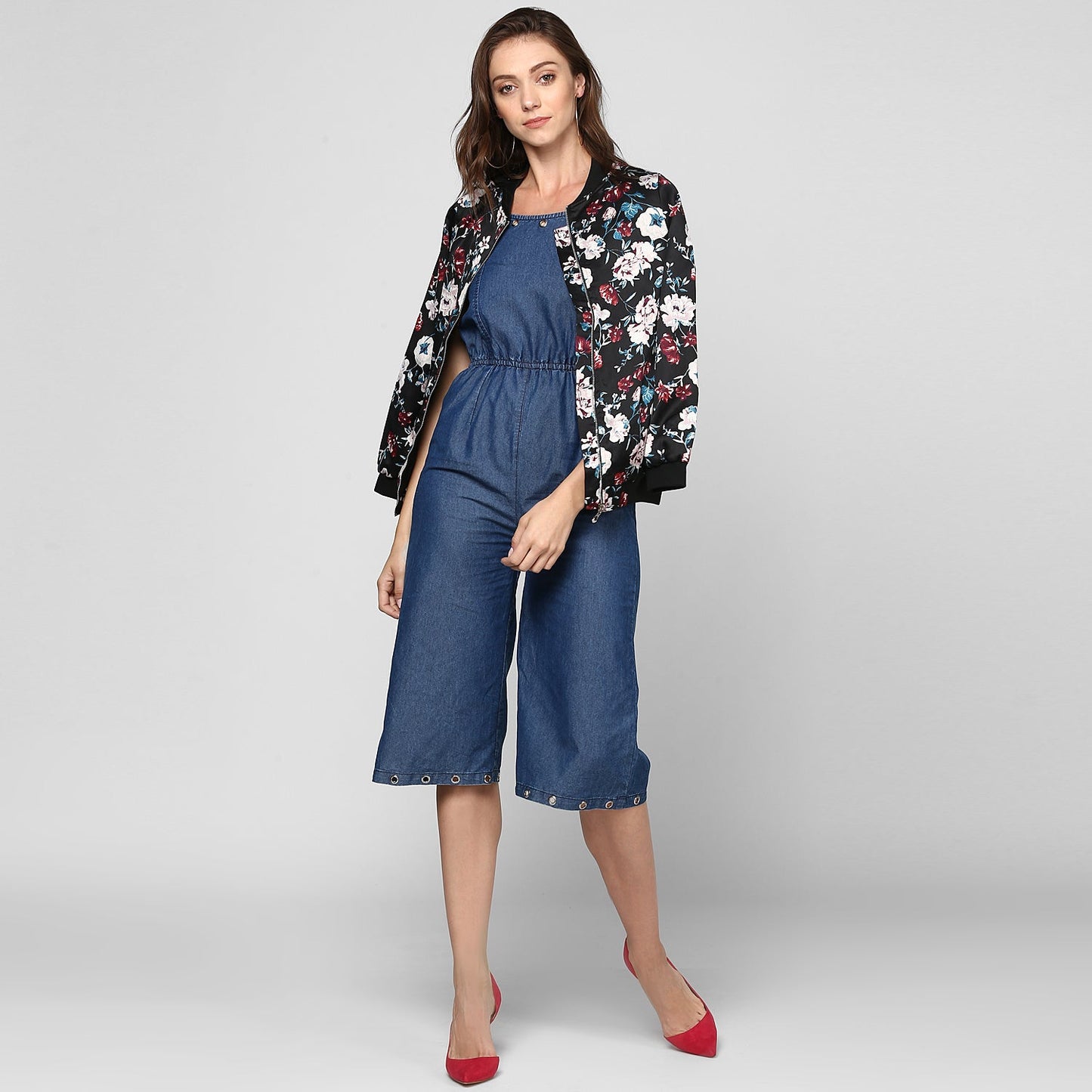 Women's Black Floral Printed Satin Jacket