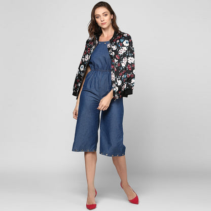 Women's Black Floral Printed Satin Jacket