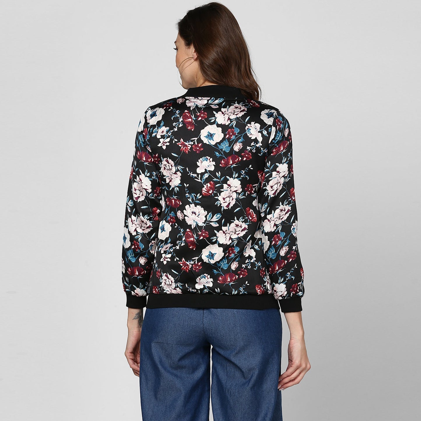 Women's Black Floral Printed Satin Jacket