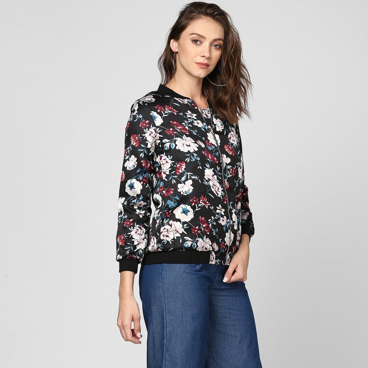 Women's Black Floral Printed Satin Jacket