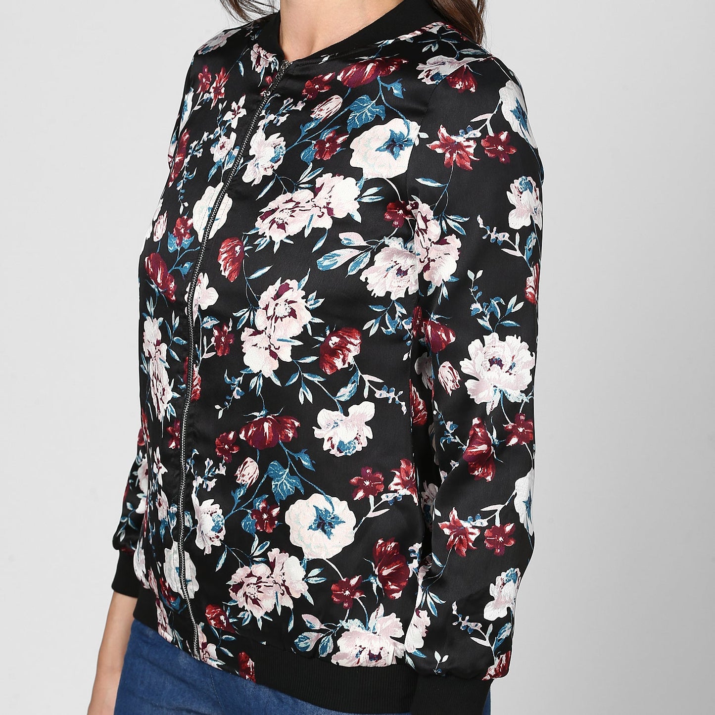 Women's Black Floral Printed Satin Jacket