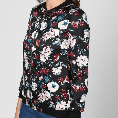 Women's Black Floral Printed Satin Jacket