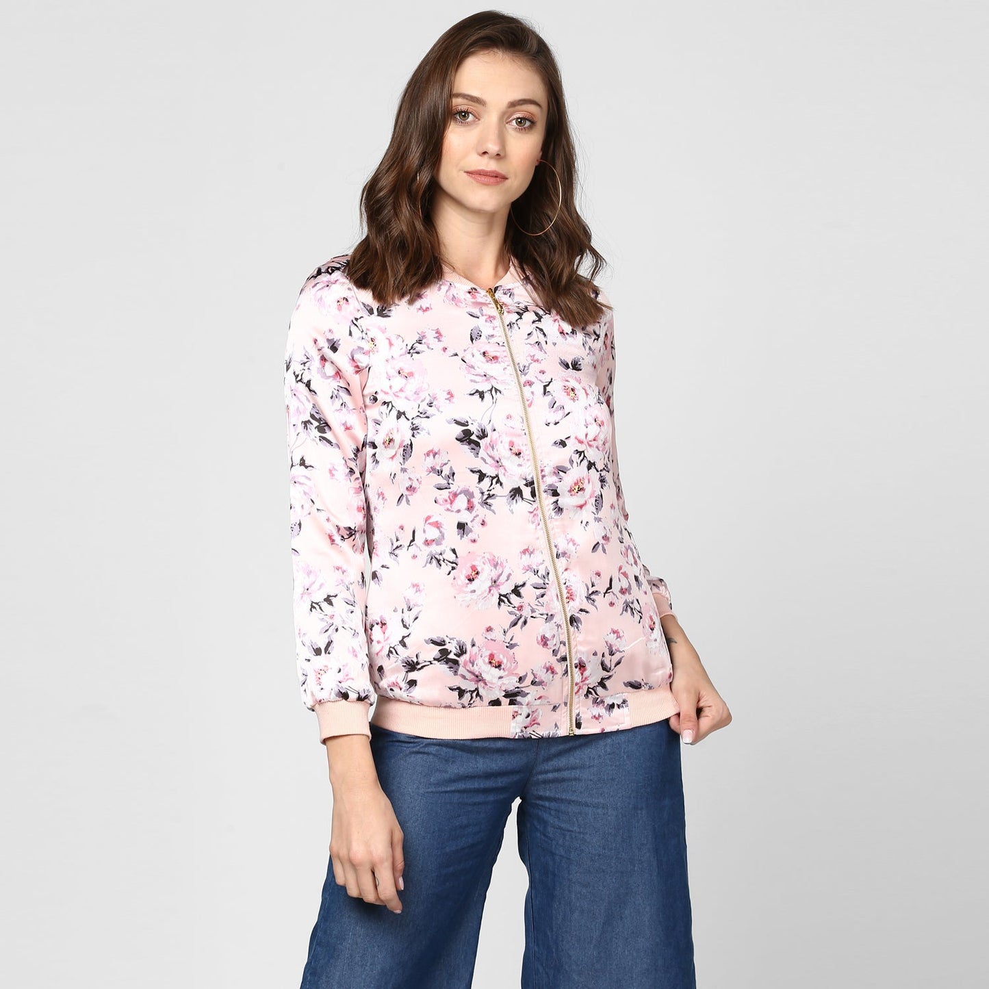 Women's Light Pink Floral Printed Jacket