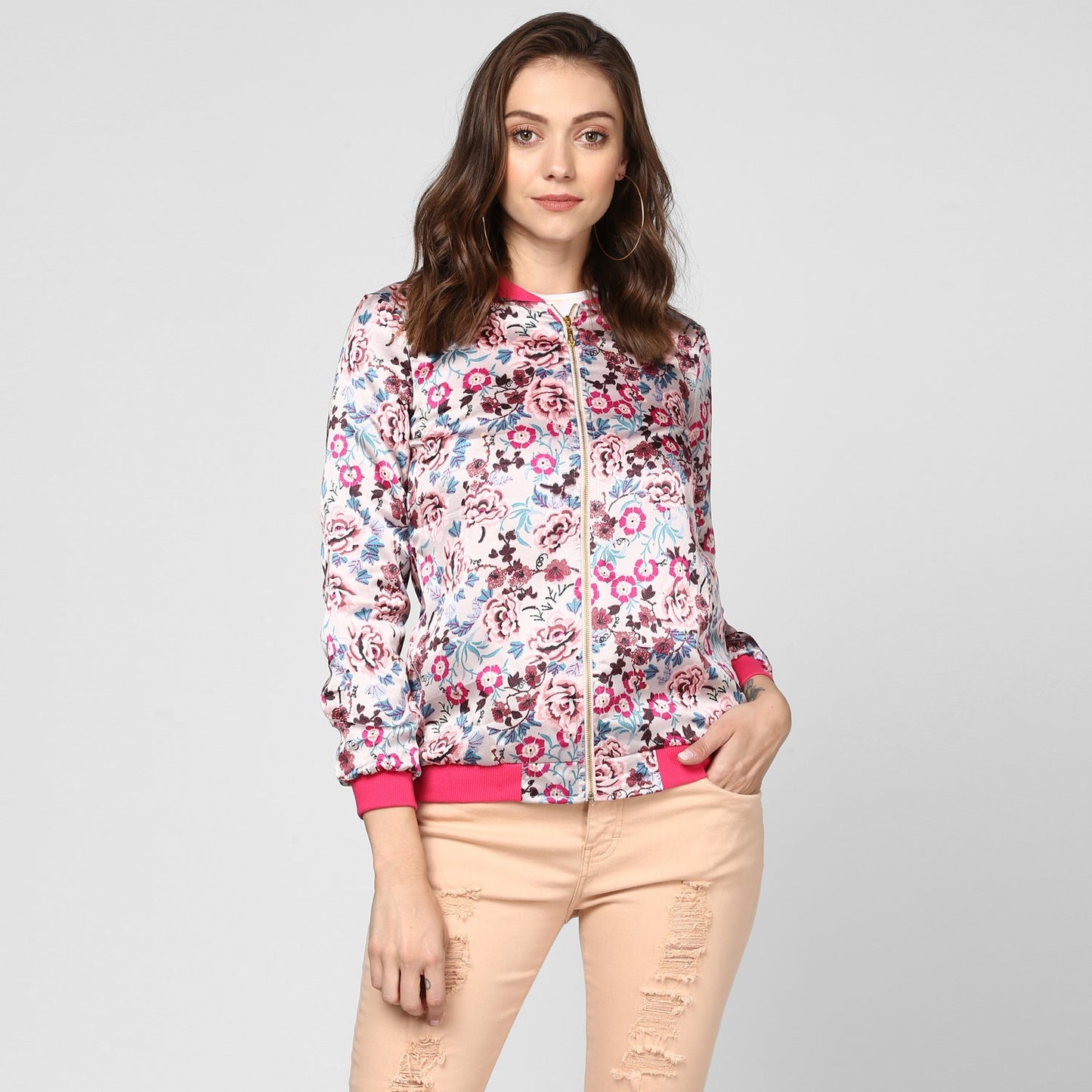 Women's Fuchsia Printed Satin Jacket
