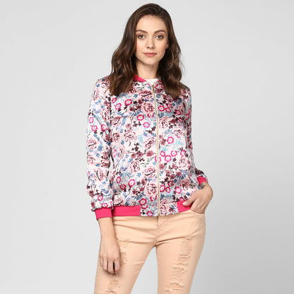 Women's Fuchsia Printed Satin Jacket