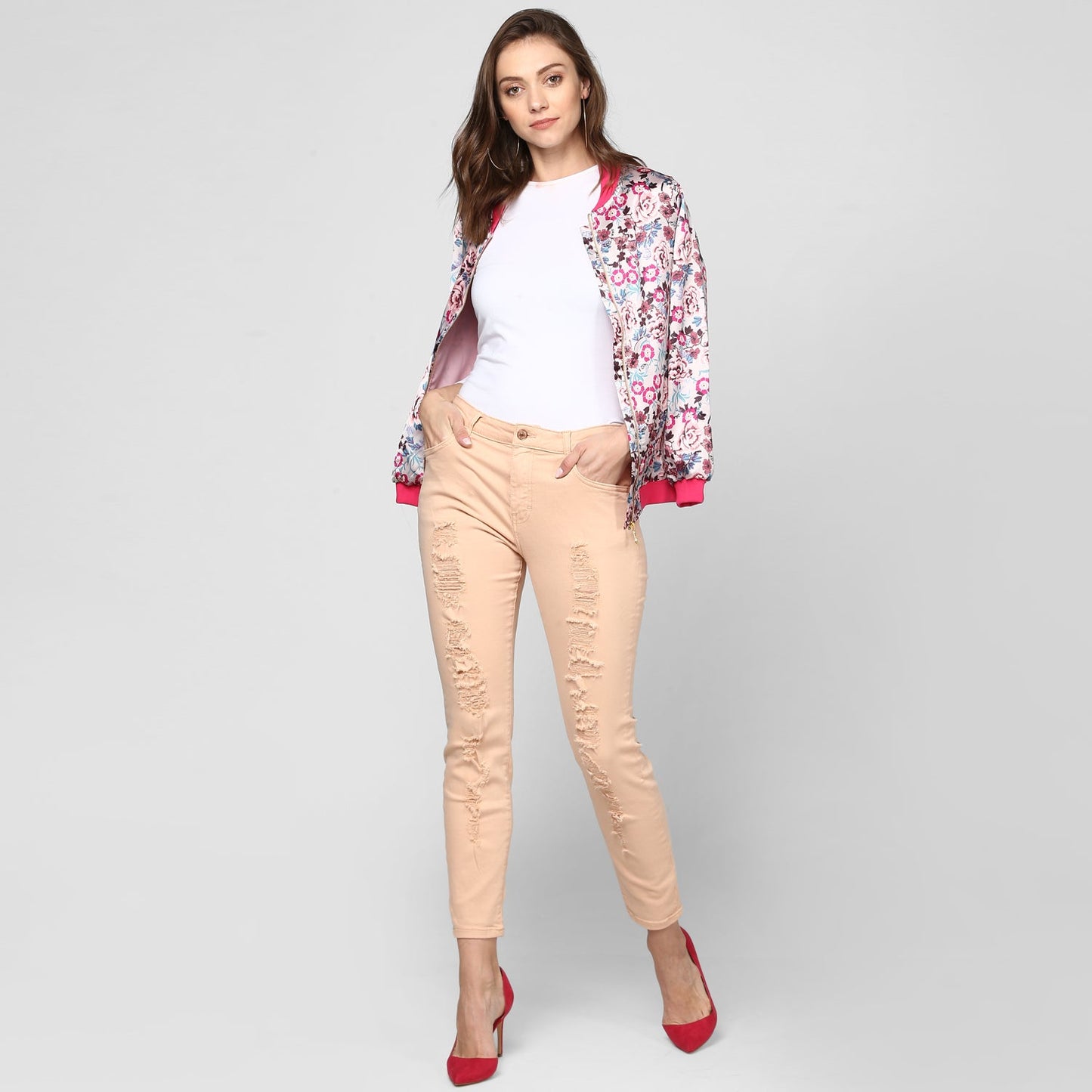 Women's Fuchsia Printed Satin Jacket